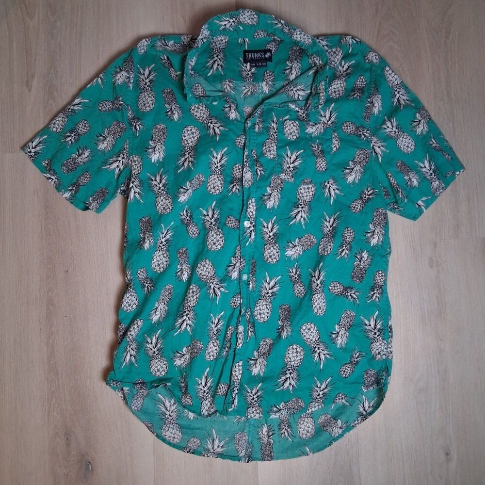 Trunks Surf & Swim Co Men's Large Hawaiian Shirt Green Pineapple Short Sleeve